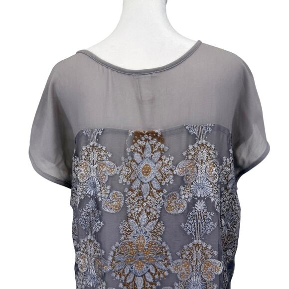 SUNDANCE Floral Embroidered Sheer Overlay Cocktail Dress L Gray Bohemian Luxe - Picture 9 of 11